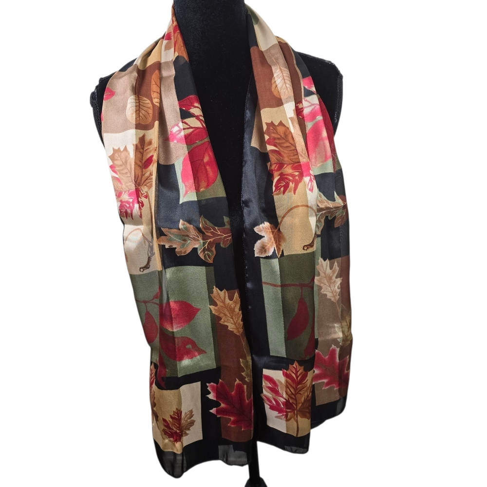 Fall Foliage Black Floral Scarf Autumn  Maple Leaves  Dark Romantic Sheer 13x29 - Picture 2 of 9